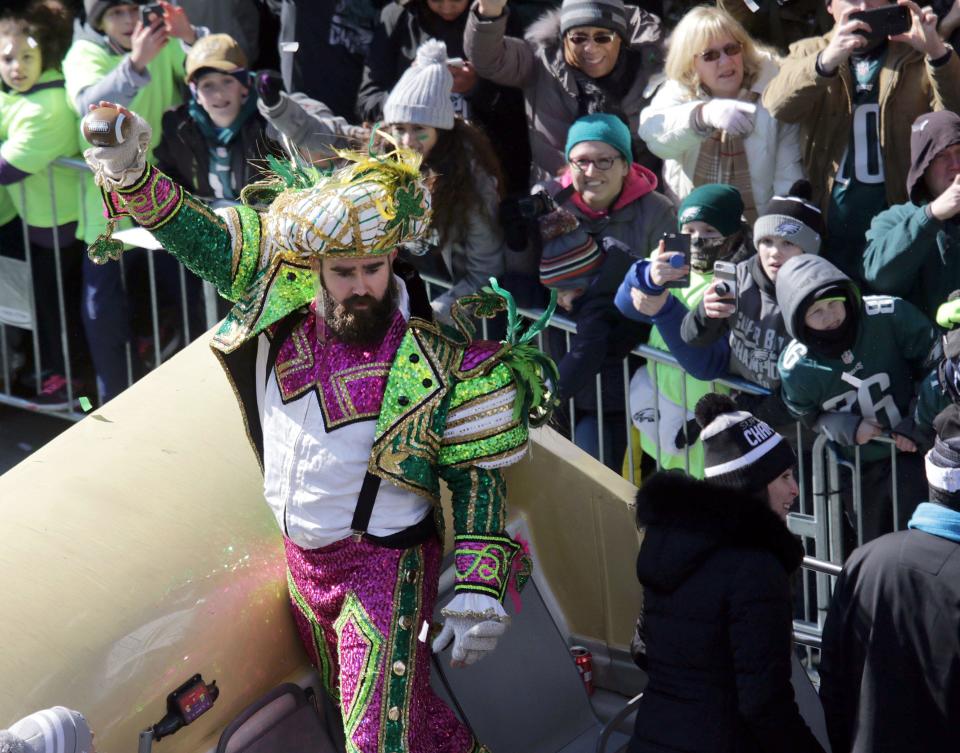 Philadelphia Eagles center Jason Kelce at the Super Bowl 52 victory parade.