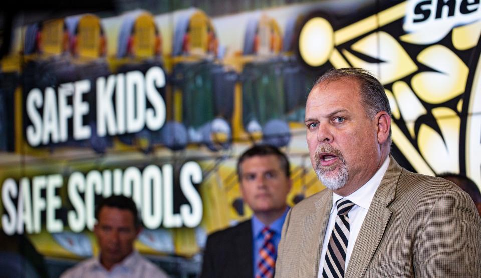 Lee County Superintendent Christopher Bernier speaks at a press conference on Wednesday, May 25, 2022. He spoke about the school shooting in Texas and pledged his commitment to keep Lee County students and staff safe.  