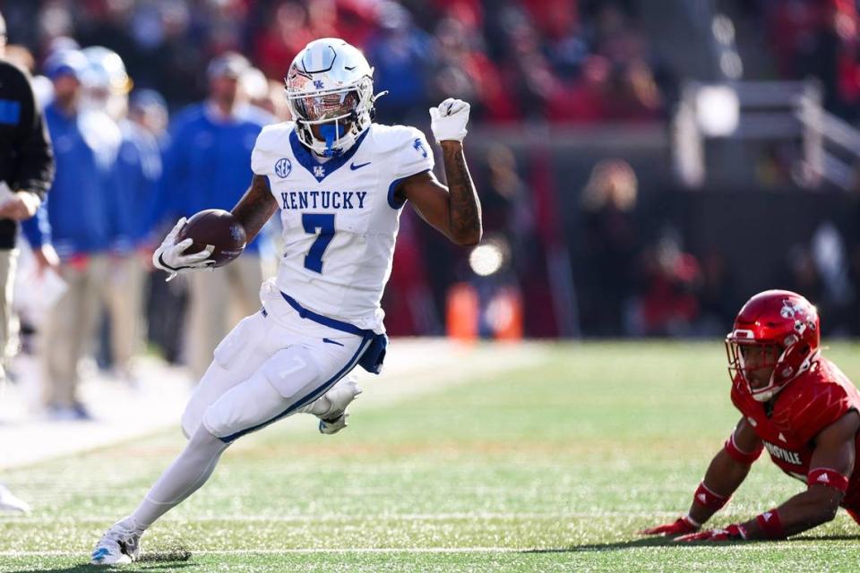 Kentucky wide receiver Barion Brown (7) goes into UK’s TaxSlayer Gator Bowl matchup with Clemson as the Wildcats’ leader in receptions with 40. Brown is just ahead of teammates Dane Key (38) and Tayvion Robinson (37) in the race to finish 2023 as Kentucky’s receptions leader.