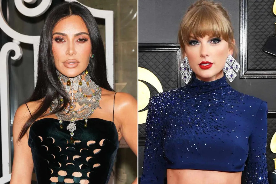 <p>Pierre Suu/Getty; Jon Kopaloff/WireImage</p> Kim Kardashian attends the Maison Margiela Haute Couture Spring/Summer 2024 show (left) and Taylor Swift attends the 65th Grammy Awards