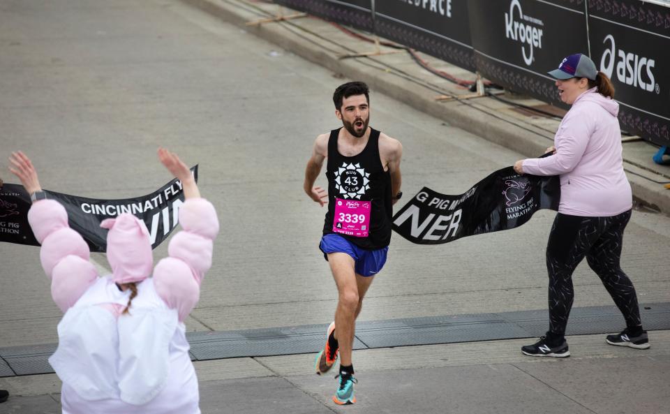 Zac Holtkamp, 29, of Alexandria, KY, finished first in the 2022 Flying Pig Marathon in downtown Cincinnati on Sunday, May 1, 2022. The winning time was 1:46:44. 