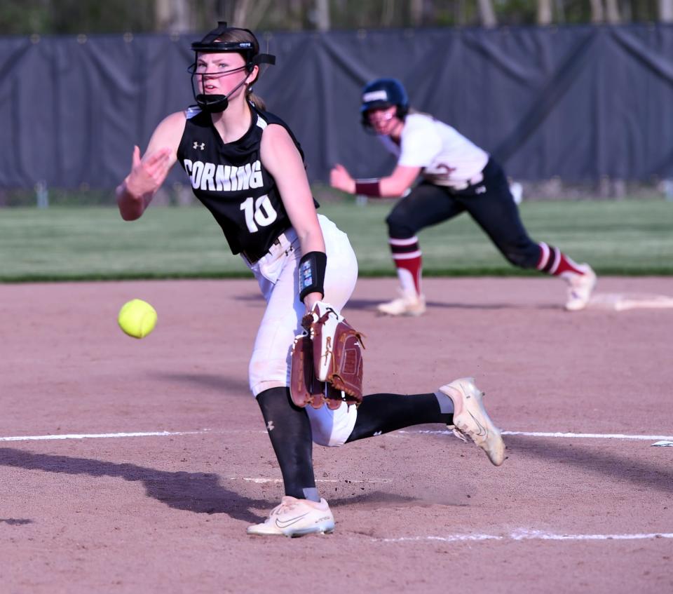Corning's Matti Johnston pitches in an 18-2, five-inning victory over Elmira in a STAC softball game April 29, 2024 at Elmira High School.