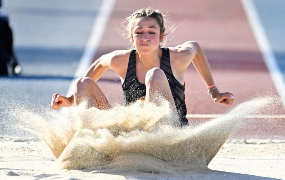 Clovis High’s Sydnie Vanek lands in the Girls Long Jump at the 2023 CIF California Track & Field State Championship finals Saturday, May 27, 2023 in Clovis.