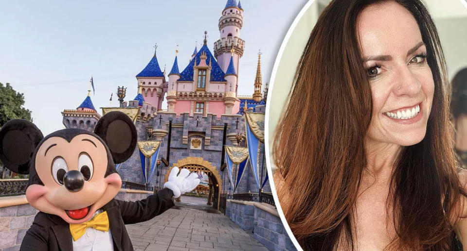 Micky Mouse standing outside Disneyland with an inset of Nicole Pedersen-McKinnon who used frequent flyer points to take her family there. 