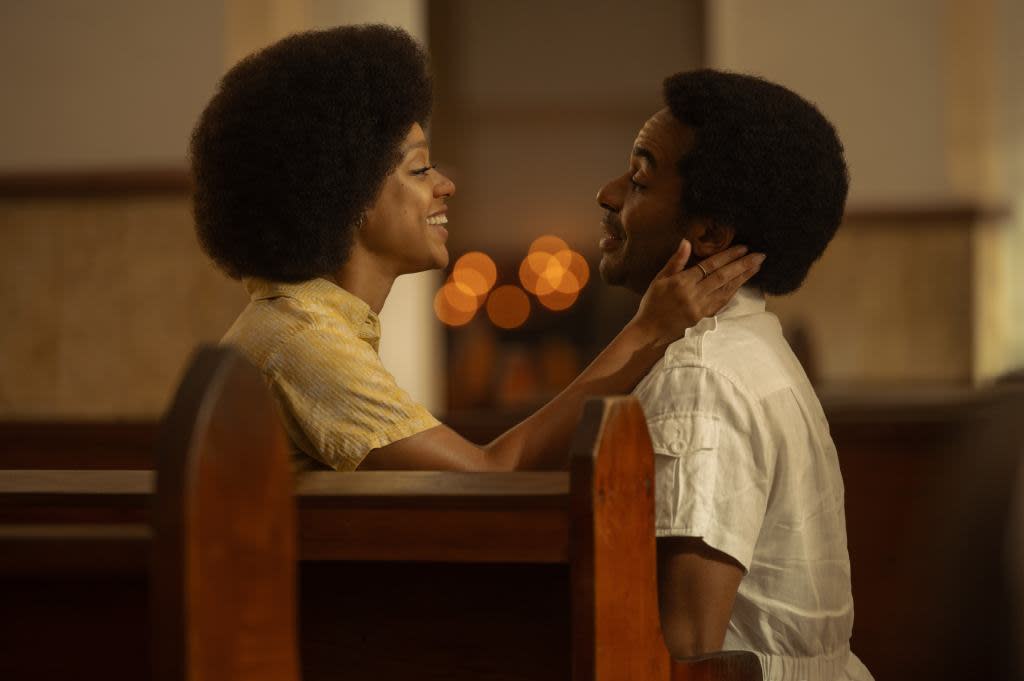 Tiffany Boone and André Holland share a scene in “The Big Cigar,” an upcoming series about Black Panther leader Huey P. Newton. (Credit: Apple TV+)
