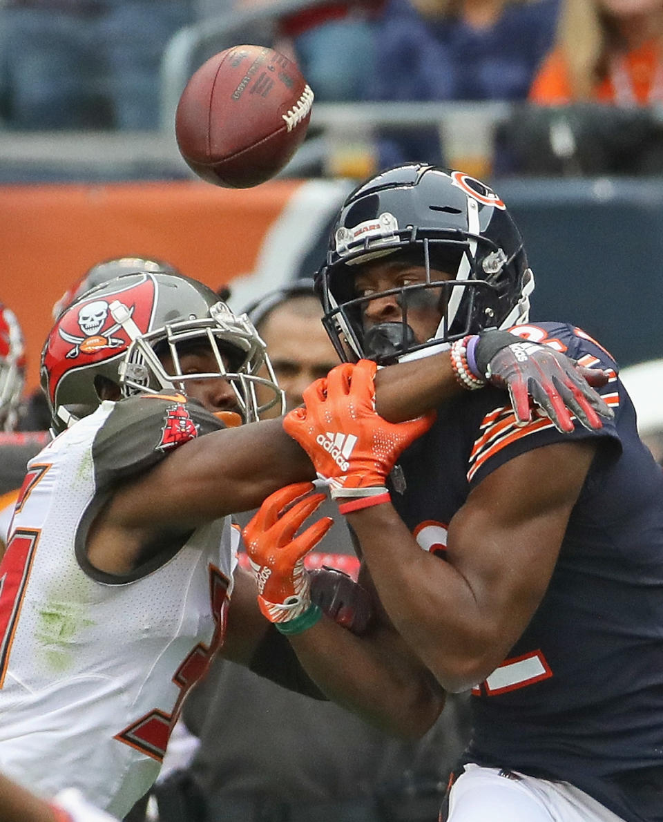 <p>Isaiah Johnson #39 of the Tampa Bay Buccaneers breaks up a apass intended for Allen Robinson #12 of the Chicago Bears at Soldier Field on September 30, 2018 in Chicago, Illinois. The Bears defeated the Buccaneers 48-10. (Photo by Jonathan Daniel/Getty Images) </p>
