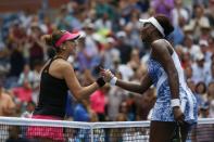 Venus Williams shakes hands after defeating Belinda Bencic during the 2015 US Open, September 4, 2015, in New York