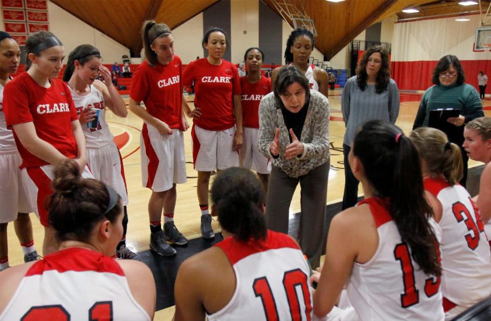 Pat Glispin instructs her Clark women's basketball team during a timeout of a game in the 2016-17 season.