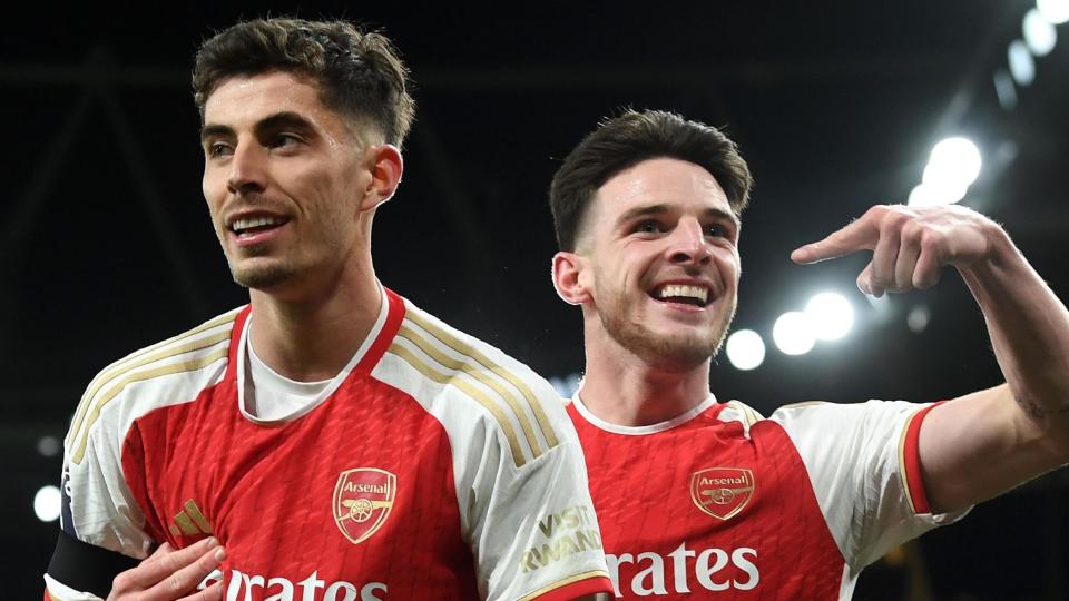 Kai Havertz celebrates with Arsenal teammate Declan Rice