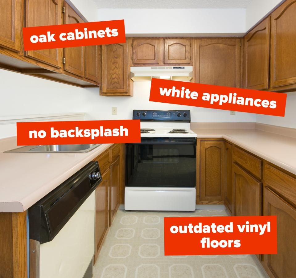 outdated kitchen with oak cabinets, white appliances, no backsplash, and outdated vinyl floors