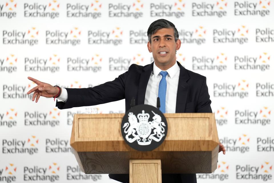 British Prime Minister Rishi Sunak delivers a speech on national security at the Policy Exchange, in London on May 13, 2024 (2024 Getty Images)