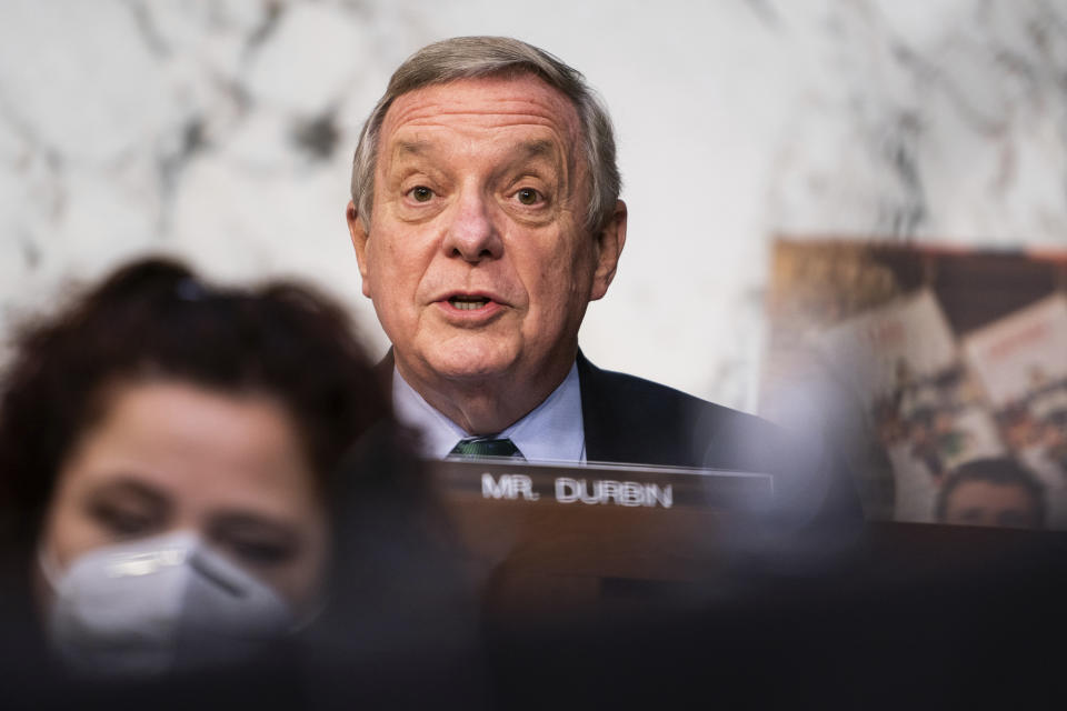 Sen. Dick Durbin, D-Ill., speaks during a confirmation hearing for Supreme Court nominee Amy Coney Barrett before the Senate Judiciary Committee, Tuesday, Oct. 13, 2020, on Capitol Hill in Washington. (Demetrius Freeman/The Washington Post via AP, Pool)