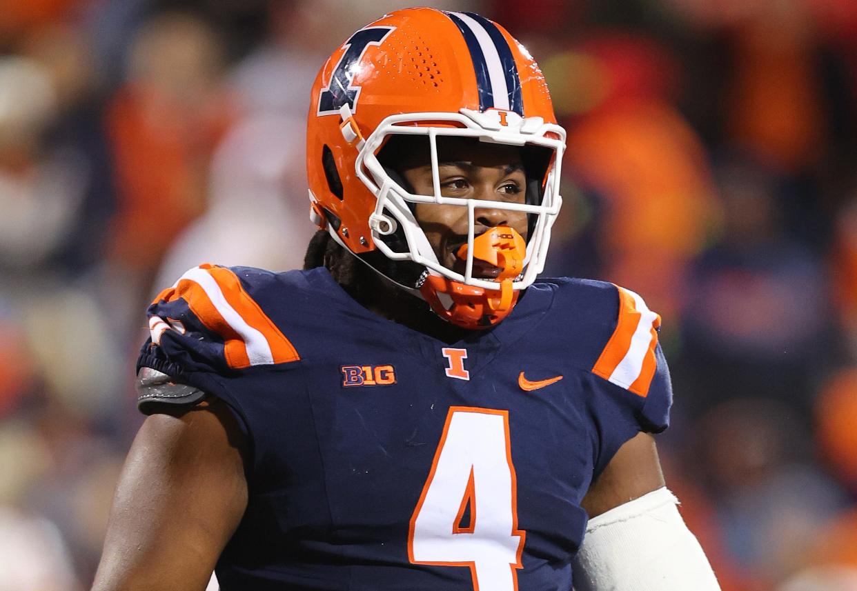 CHAMPAIGN, ILLINOIS - OCTOBER 06: Jer'Zhan Newton #4 of the Illinois Fighting Illini looks on against the Nebraska Cornhuskers during the first half at Memorial Stadium on October 06, 2023 in Champaign, Illinois. (Photo by Michael Reaves/Getty Images)