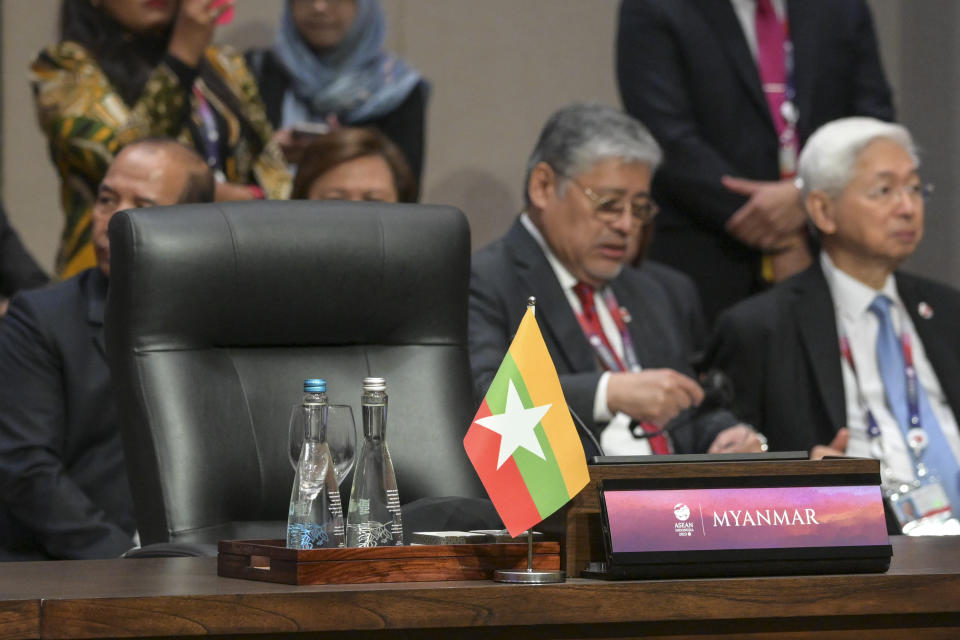 The seat reserved for the leader of Myanmar is left empty during the Association of Southeast Asian Nations (ASEAN)-Japan Summit in Jakarta, Indonesia, Wednesday, Sept. 6, 2023. (Bay Ismoyo/Pool Photo via AP)
