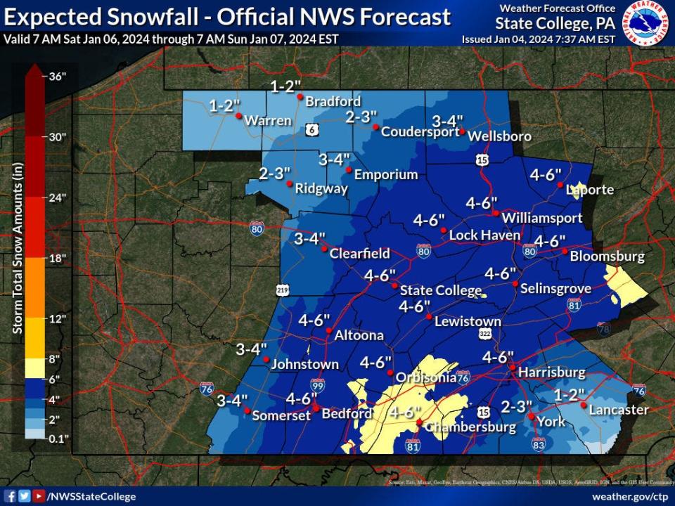 The National Weather Service's snow accumulation forecast, as of Thursday morning, for the Jan. 6-7, 2024, storm, for Southcentral Pennsylvania.