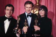 <p>Fonda's role as Bree Daniels in <em>Klute</em> won her an Oscar for Best Actress in 1972.</p> <p>Here she is, standing proudly next to Philip D' Antoni and Gene Hackman, who both won that night as well for their film, <em>The French Connection</em>.</p>