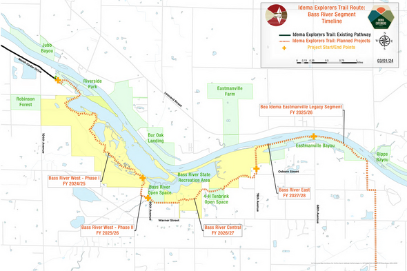 A map of the Bass River Segment of the Idema Explorers Trail. The 7.4-mile stretch of trail will be split up into four phases, working west to east. (Courtesy Ottawa County Parks & Recreation Commission)