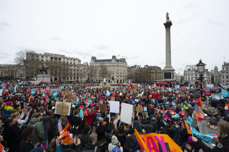 LONDON, UNITED KINGDOM - MARCH 15: People from different sectors and unions, holding various banners and placards, gather to march from Hyde Park to Trafalgar Square to protest the high cost of living and insufficient salary increases, in London, United Kingdom on March 15, 2023. (Photo by Rasid Necati Aslim/Anadolu Agency via Getty Images)