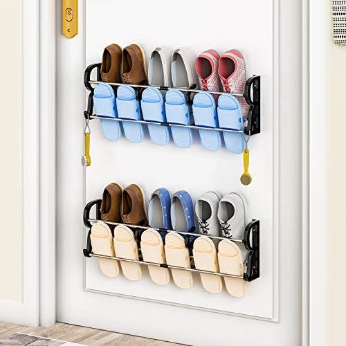 12) DUSASA Over The Door Shoe Organizer, 2 Pack Shoe Rack Organizer, Wall Hanging Shoe Rack Door, Adhesive Shoe Organizer Wall Mounted with S-Shape Divider and Storage Hooks-No Drilling