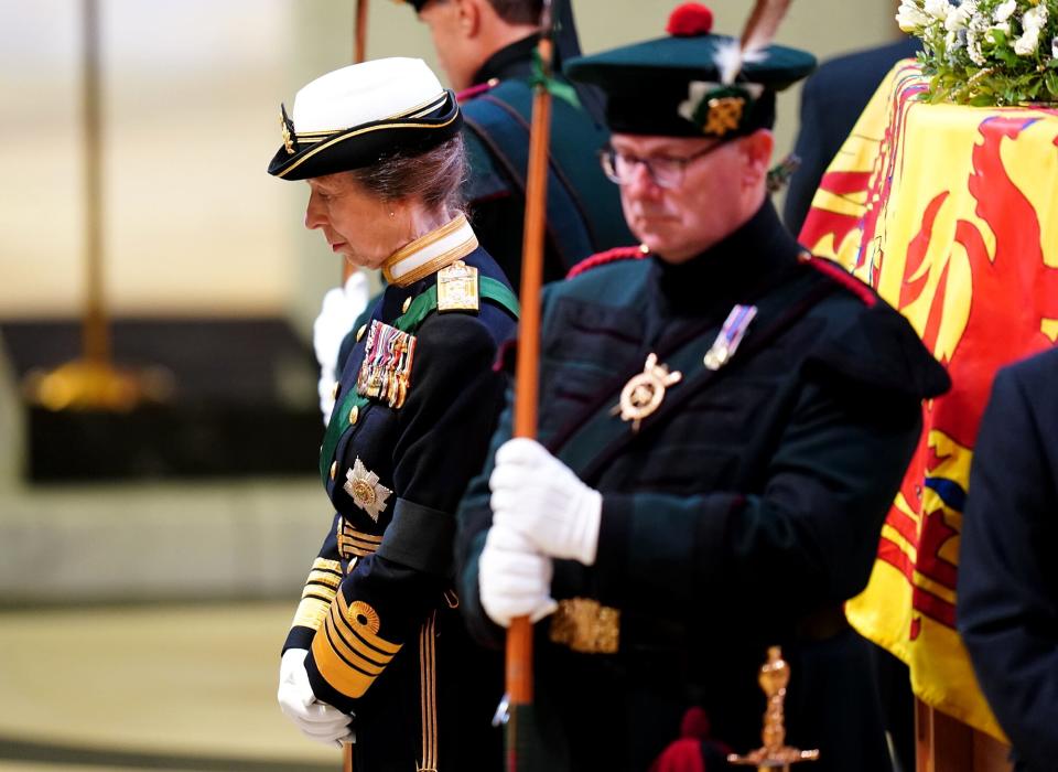 Princess Anne and other members of the royal family hold a vigil at the coffin of Queen Elizabeth II