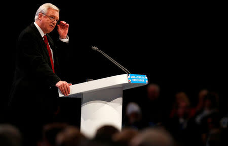 Britain's Secretary of State for Exiting the European Union David Davis addresses the Conservative Party conference in Manchester, Britain October 3, 2017. REUTERS/Phil Noble