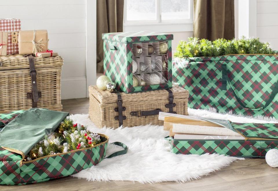 3) Plaid Ornament Storage Container