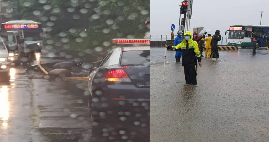 大雨轟炸，新北多個地區驚傳淹水甚至落石砸中車的狀況。（圖／翻攝自記者爆料網、紅樹林新聞臉書）