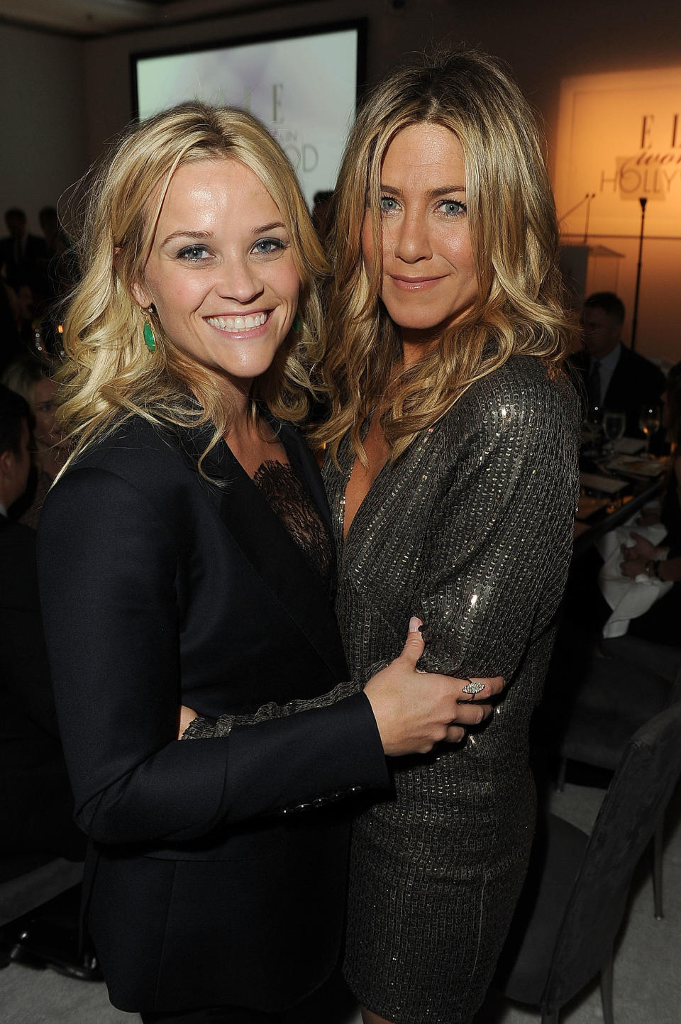 LOS ANGELES, CA - OCTOBER 17:  Actresses Reese Witherspoon (L) and Jennifer Aniston attend ELLE's 18th Annual Women in Hollywood Tribute held at the Four Seasons Hotel on October 17, 2011 in Los Angeles, California. (Photo by Jason Merritt/Getty Images)