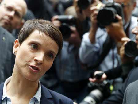 Frauke Petry, chairwoman of the anti-immigration party Alternative fuer Deutschland (AfD) speaks as she leaves a news conference in Berlin, Germany, September 25, 2017. REUTERS/Fabrizio Bensch