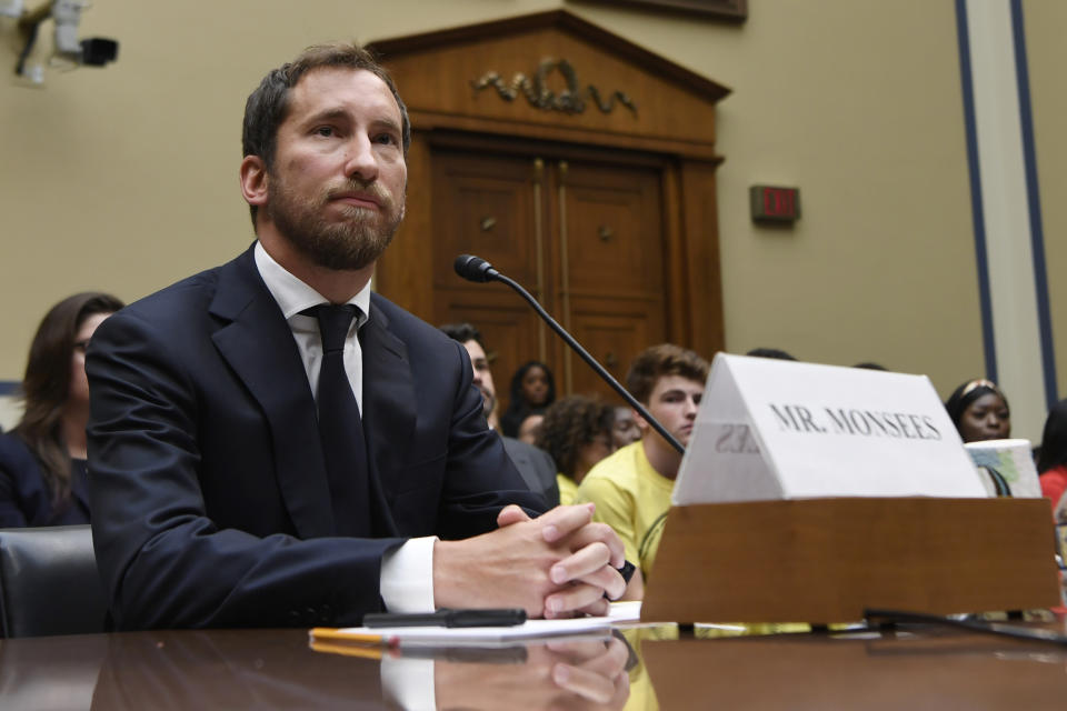 JUUL Labs co-founder and Chief Product Officer James Monsees testifies before a House Oversight and Government Reform subcommittee on Capitol Hill in Washington, Thursday, July 25, 2019, during a hearing on the youth nicotine epidemic. (AP Photo/Susan Walsh)