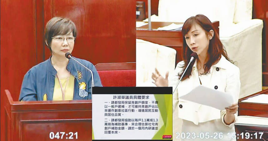 北市議員許淑華（右）發現，社宅提供青創戶補助是「戶數愈多補助愈少」很不合理，加上障礙因素太多只好主動退租，讓青創戶流失，北市應該檢討改善。（圖／摘自台北市議會直播、張芷瑜台北傳真）