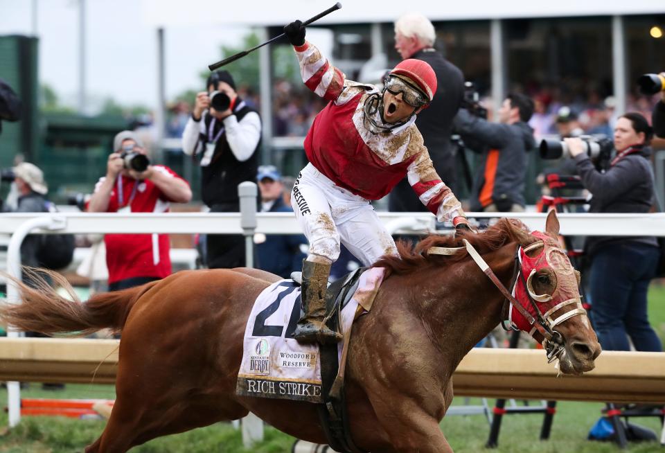 Jockey Sonny Leon rode Rich Strike to the 148th Kentucky Derby at Churchill Downs in Louisville, Ky. on May 7, 2022.  
