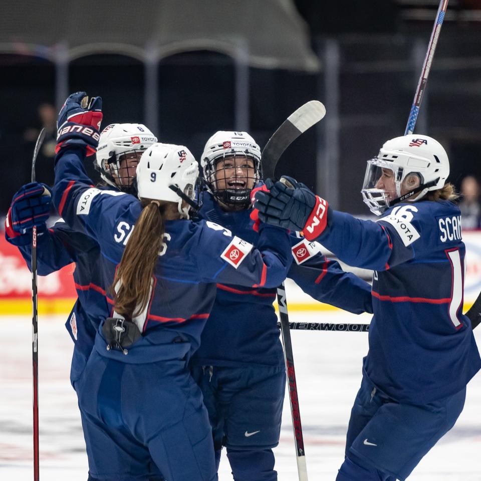 Team USA celebrates after scoring against Switzerland at the Adirondack Bank Center in Utica, NY on Wednesday, April 3, 2024.