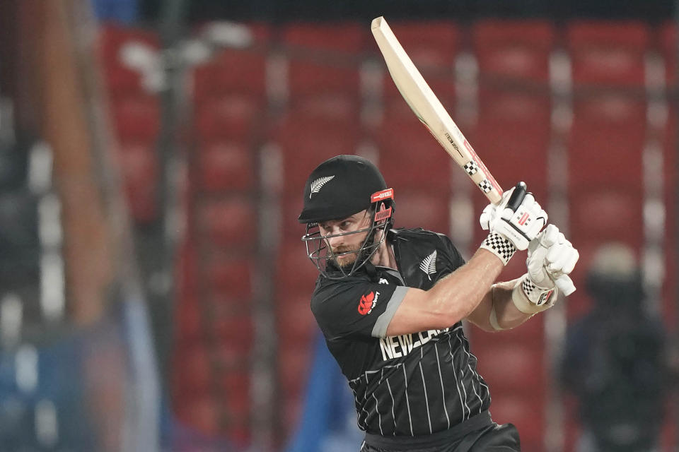 New Zealand's captain Kane Williamson plays a shot during the ICC Cricket World Cup warmup match between New Zealand and Pakistan in Hyderabad, India, Friday, Sept. 29, 2023. (AP Photo/Mahesh Kumar A.)