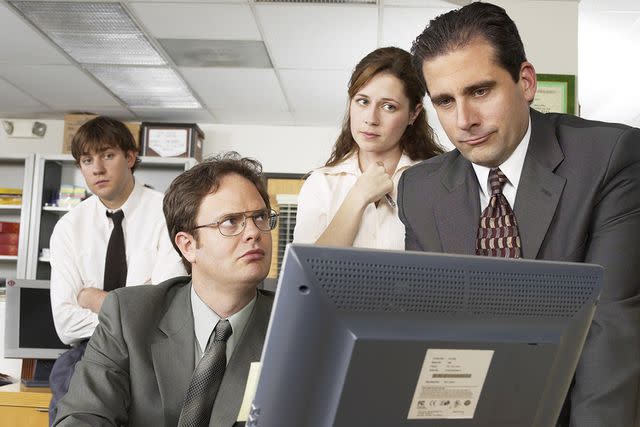 <p>Chris Haston/NBCU Photo Bank</p> From left: John Krasinski as Jim Halpert, Rainn Wilson as Dwight Schrute, Jenna Fischer as Pam Beesly, and Steve Carell as Michael Scott in 'The Office' pilot episode