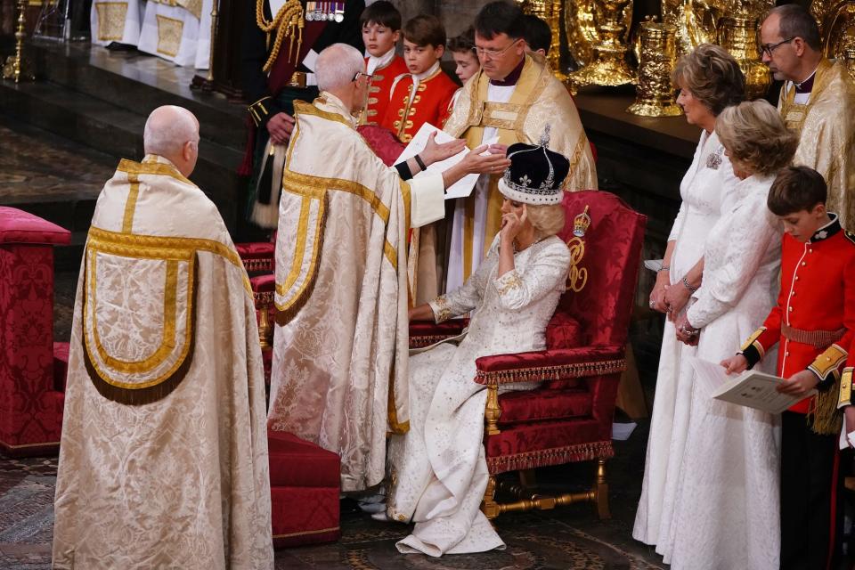 The Archbishop of Canterbury crowns Queen Camilla at the coronation on May 6, 2023.