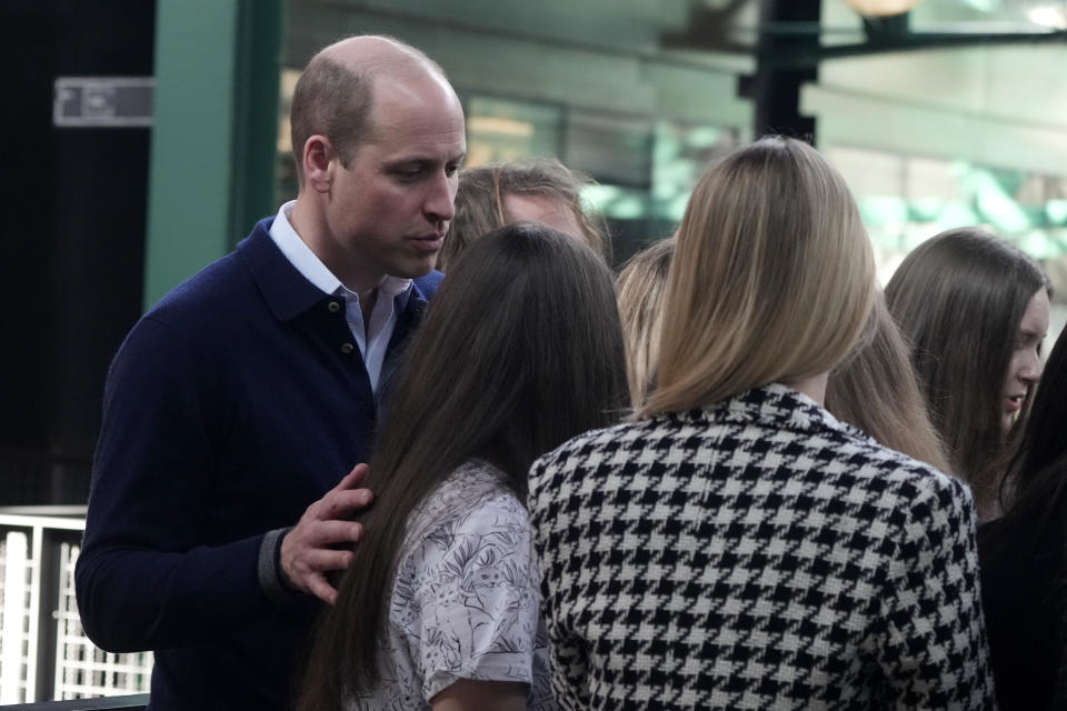 Britain's Prince William meets with group of young Ukrainian refugees, who since fleeing the war have settled in Warsaw, Poland, Thursday, March 23, 2023. (AP Photo/Czarek Sokolowski)