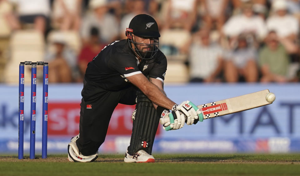 New Zealand's Daryl Mitchell bats during the second one day international cricket match between England and New Zealand, at The Ageas Bowl, Southampton, England, Sunday Sept. 10, 2023. (John Walton/PA via AP)