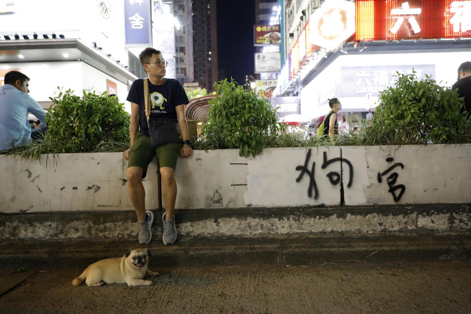 FILE - In this Oct 4, 2019, file photo, a man rests near a dog and the graffiti which reads "Dog Official" in Hong Kong. Hong Kong’s embattled leader Carrie Lam said Tuesday that the city’s economy is being battered by months of increasingly violent protests. (AP Photo/Vincent Thian, File)