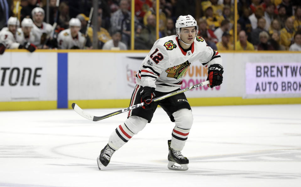 Chicago Blackhawks right wing Alex DeBrincat is quickly proving his elite scoring in the CHL can translate to the highest level. (AP Photo/Mark Humphrey)