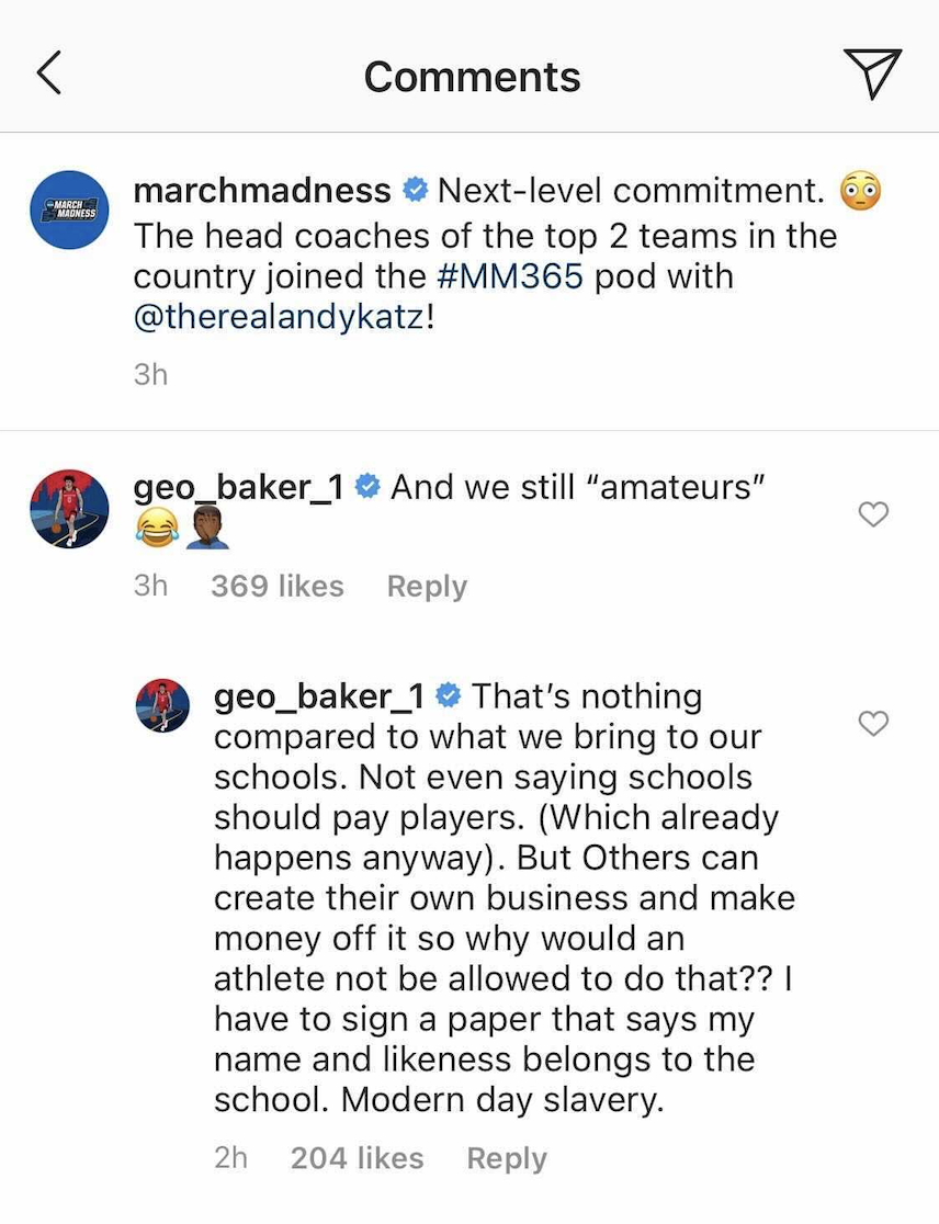 Geo Baker expressed frustration with how the NCAA treats athletes. (Screengrab via @marchmadness on Instagram)
