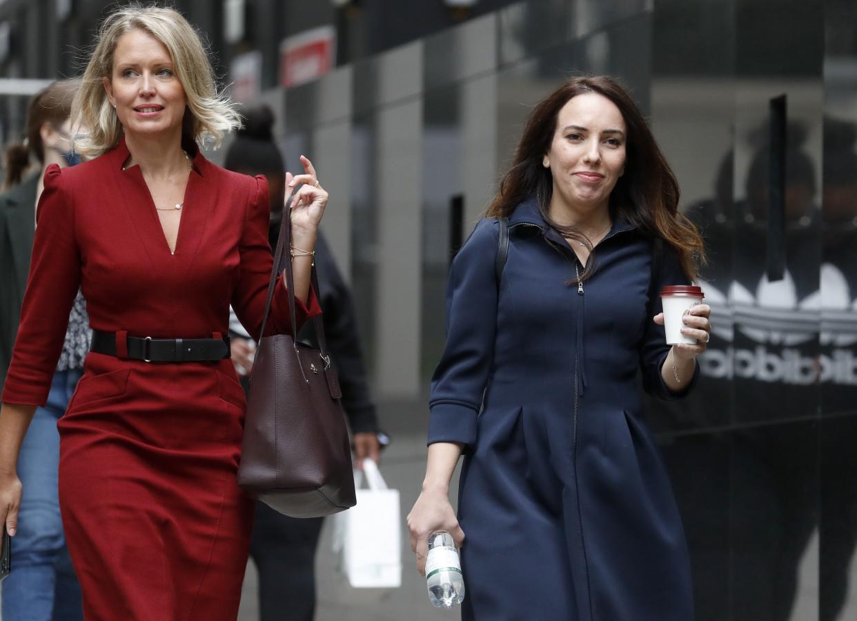 Julian Assange's girlfriend Stella Moris, right, and his lawyer Jennifer Robinson walk after a lunch break towards the court in London on Monday, Sept. 7, 2020. WikiLeaks founder Julian Assange is set to fight for his freedom after a decade of legal drama, as he challenges American authorities' attempt to extradite him on spying charges over the site's publication of secret U.S. military documents.