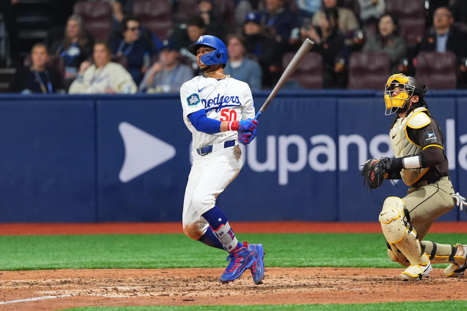 SEOUL, SOUTH KOREA - MARCH 21: Mookie Betts #50 of the Los Angeles Dodgers hits a two run double in the 3rd inning during the 2024 Seoul Series game between San Diego Padres and Los Angeles Dodgers at Gocheok Sky Dome on March 21, 2024 in Seoul, South Korea. (Photo by Masterpress/Getty Images)