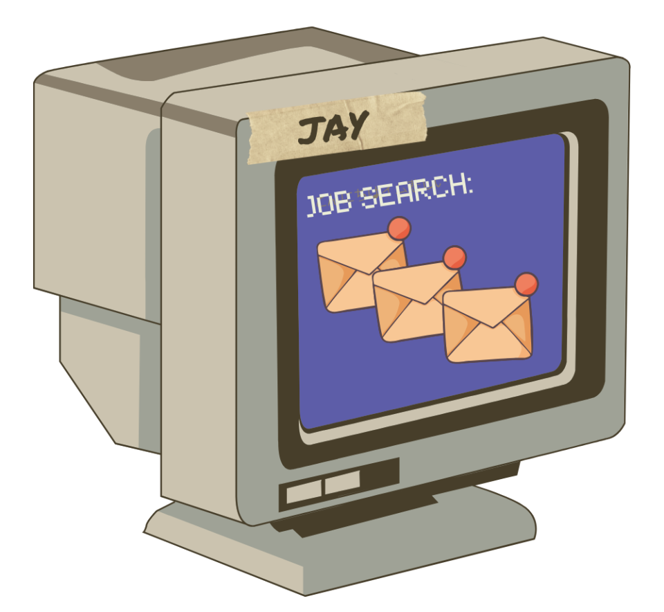 Old-style computer with a "Jay" label, displaying screen with job search graphics and envelopes