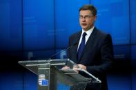 European Commission Vice-President Valdis Dombrovskis holds a news conference in Brussels