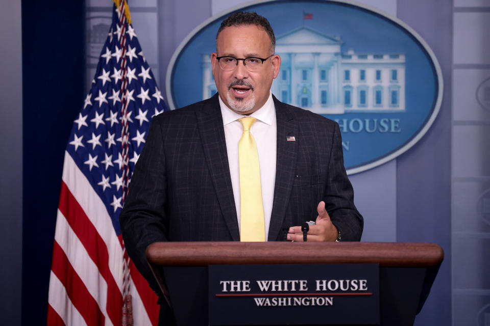 Image: Education Secretary Cardona Joins Press Secretary Psaki For Daily White House Briefing (Win McNamee / Getty Images)