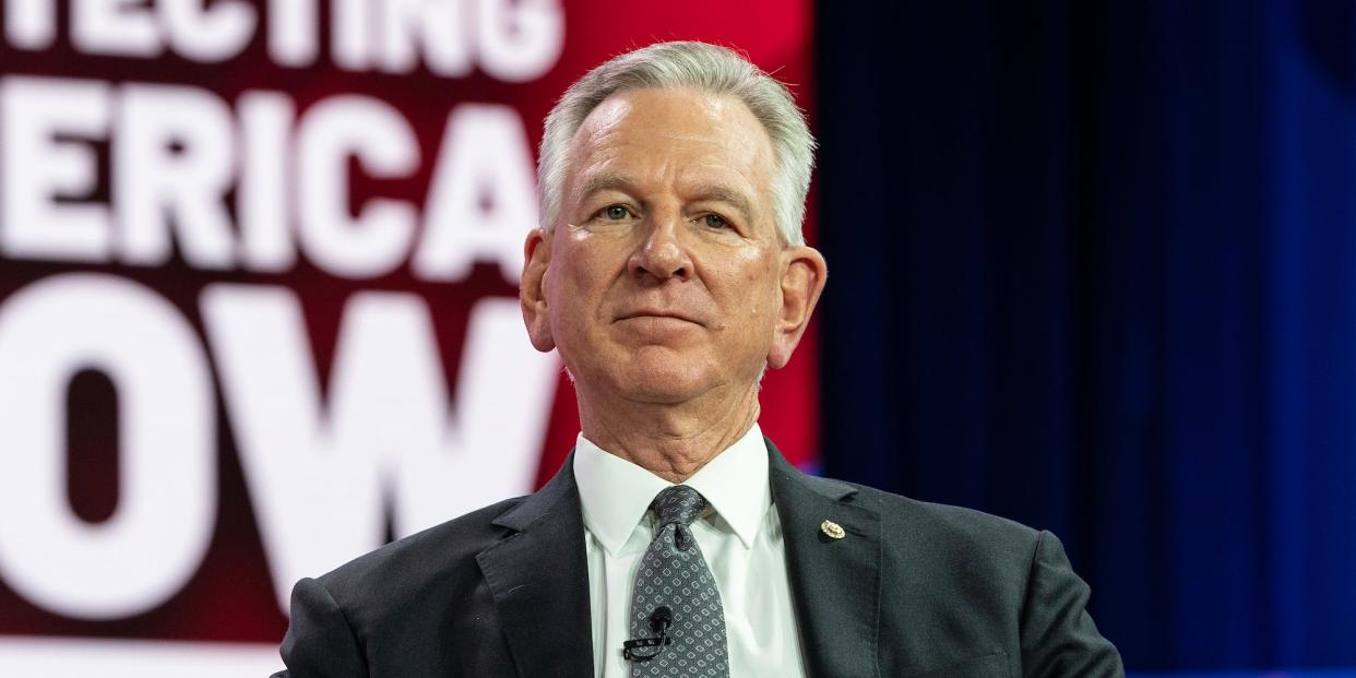 Republican Sen. Tommy Tuberville speaks on a panel about “Sacking the Woke Playbook” at CPAC on March 2, 2023.