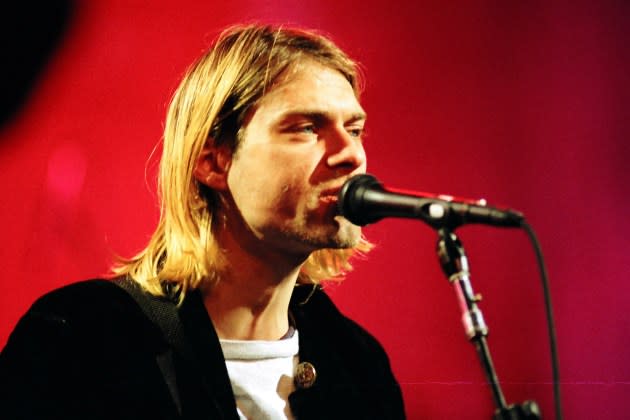 Kurt Cobain of Nirvana during MTV Live and Loud at Pier 28 in Seattle, Washington. - Credit: Jeff Kravitz/FilmMagic, Inc/Getty