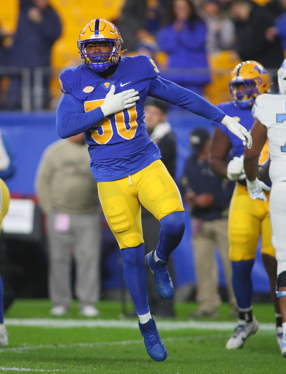 Pittsburgh Panthers defensive lineman Dayon Hayes reacts after forcing a fumble during the first half against the North Carolina Tar Heels at Acrisure Stadium in Pittsburgh, PA on September 23, 2023.