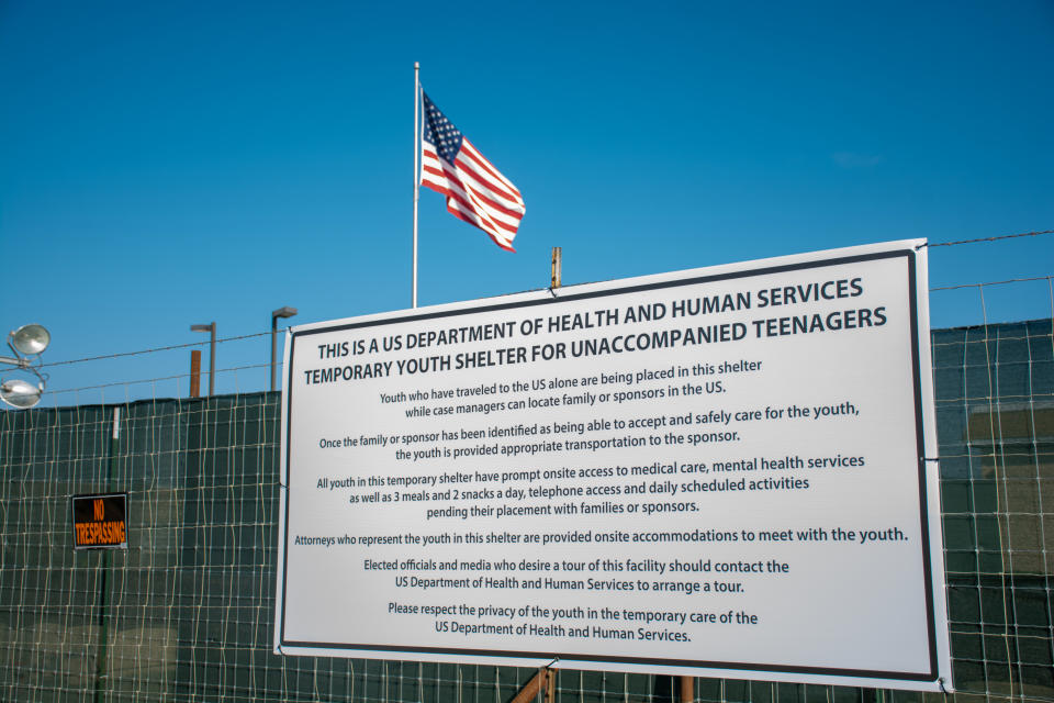 A sign at the U.S. Department of Health and Human Services' unaccompanied minors migrant detention facility at Carrizo Springs, Texas, U.S. on July 10, 2019. (Photo: Julio-Cesar Chavez/Reuters)